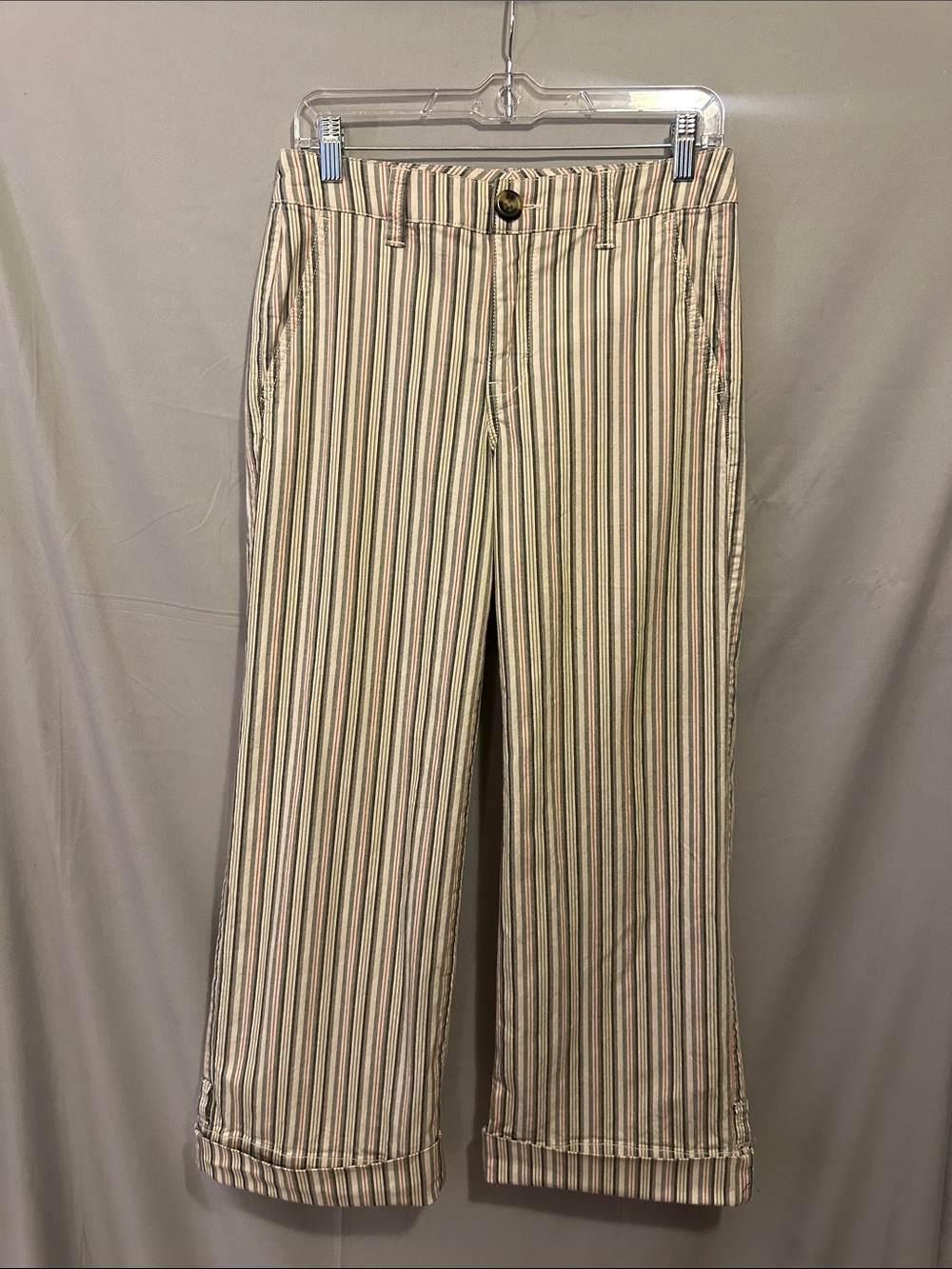 CAbi Beige Pants with Green & Tan Stripes
